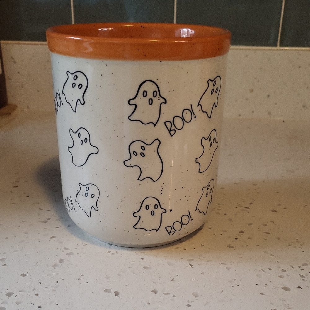 Orange and White Ghost Patterned Ceramic Mug